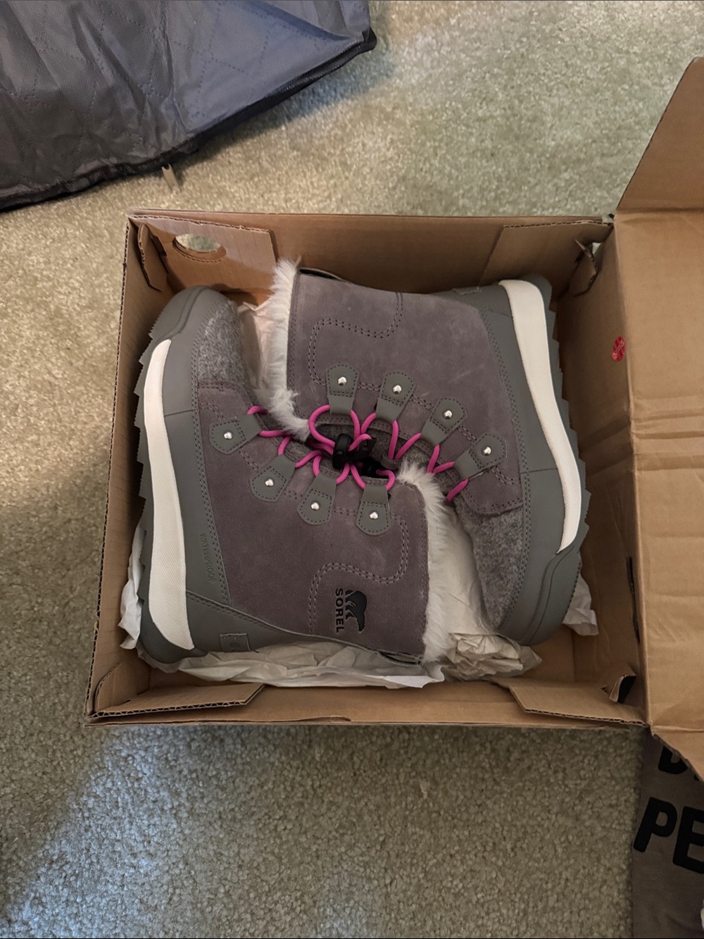 Sorel Gray Suede Winter Boots with Pink Accents